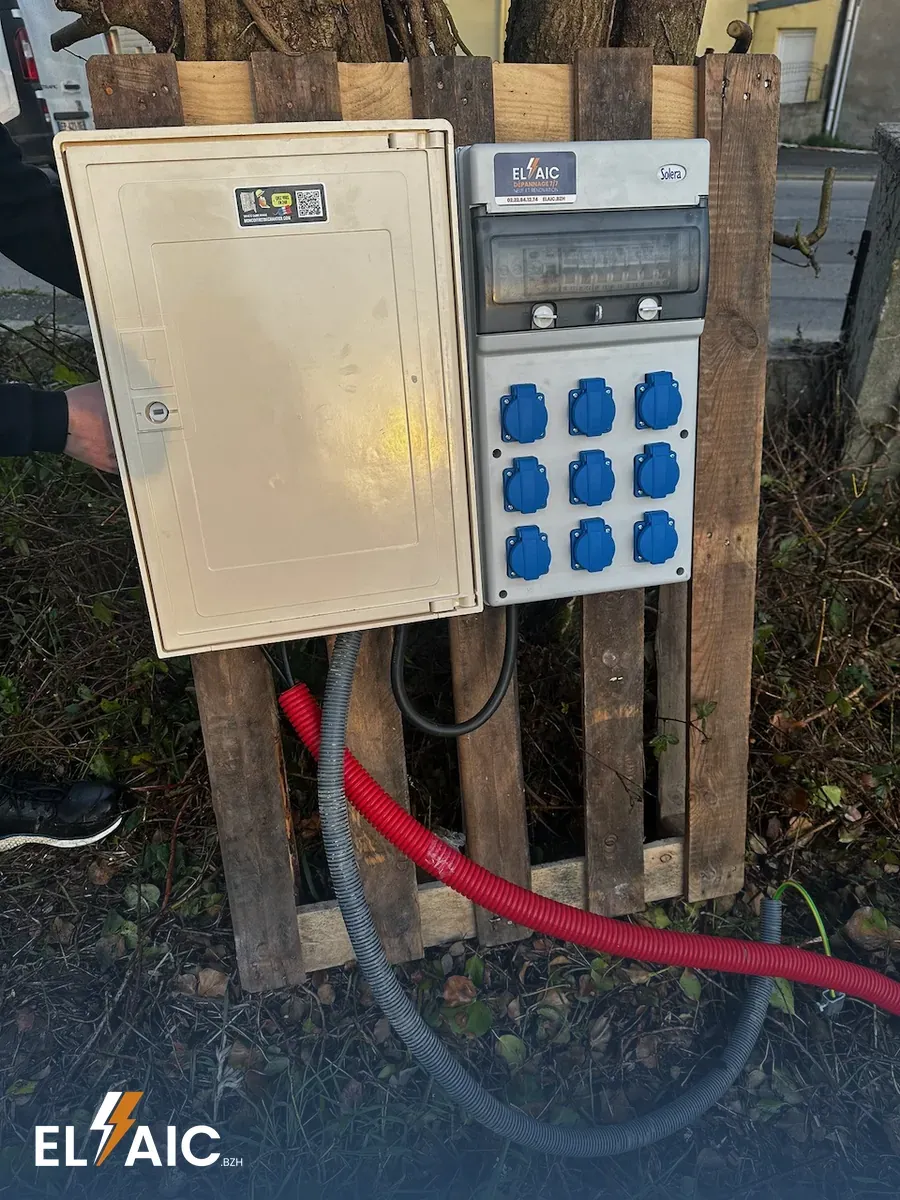 Coffret électrique de chantier avec prises bleues monophasées extérieures installé par Elaic à Plonévez-du-Faou