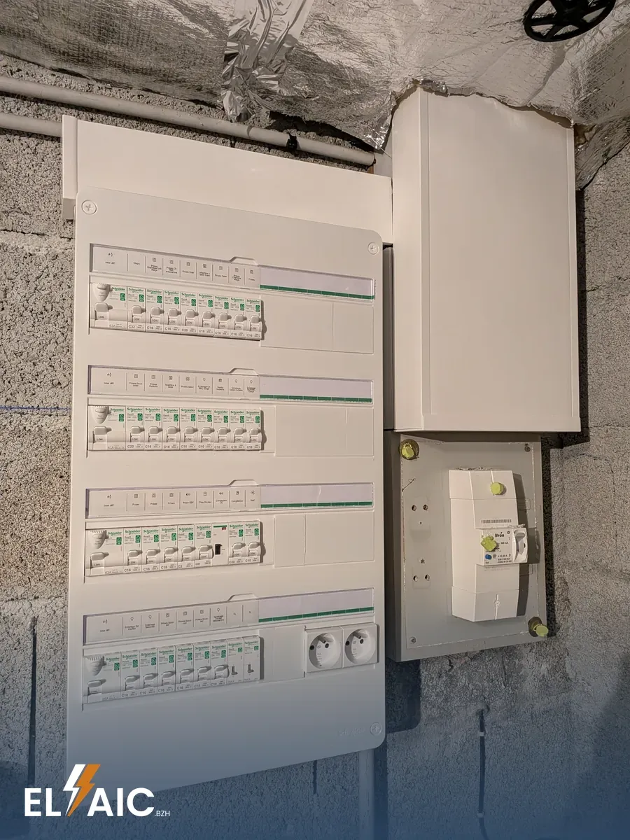Tableau électrique Schneider Resi9 à quatre rangées, circuits repérés par étiquettes, en sous-sol à Plonévez-du-Faou